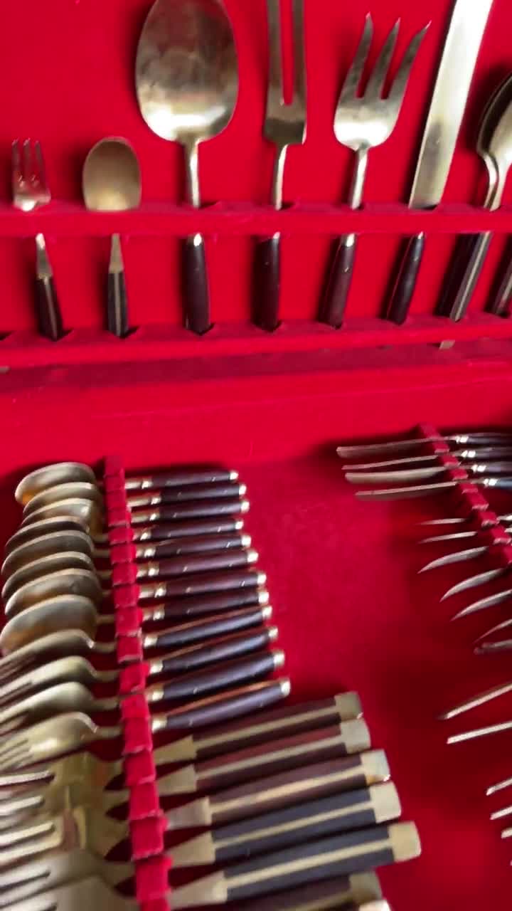 Vintage Brass Flatware Set: Thailand Rosewood Handles, 58 Pieces
