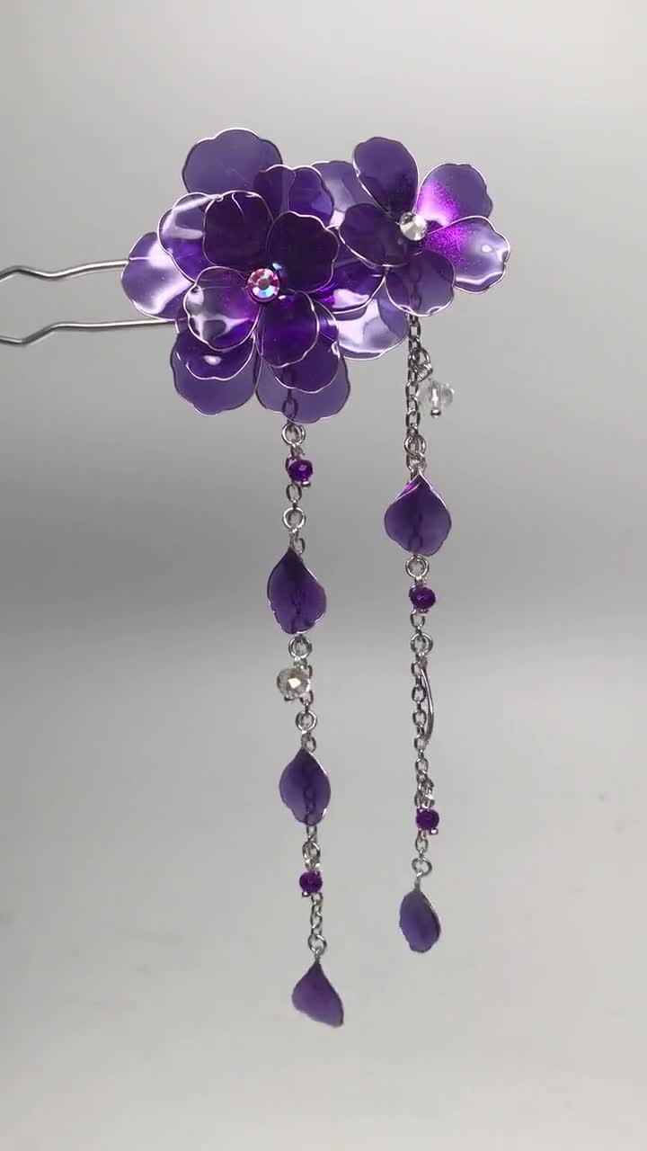 小物 ryuna Resin Japanese Kanzashi Purple Flowers Hair Stick Silver