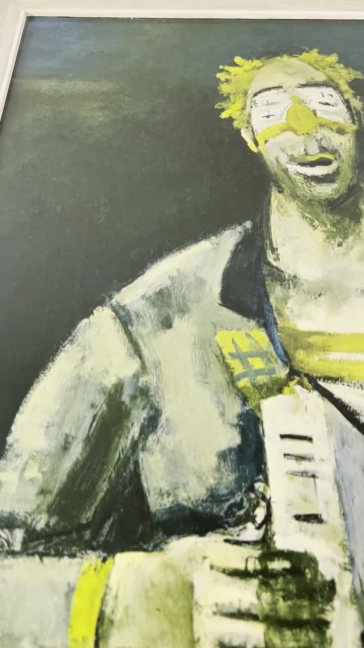 木製フレームに入ったアコーディオン付きピエロ、オリジナルの珍しい