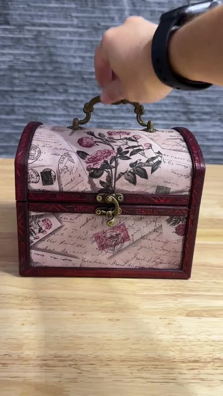 Vintage Wooden Box, Handmade Trinket Chest, Rose and Peony Design