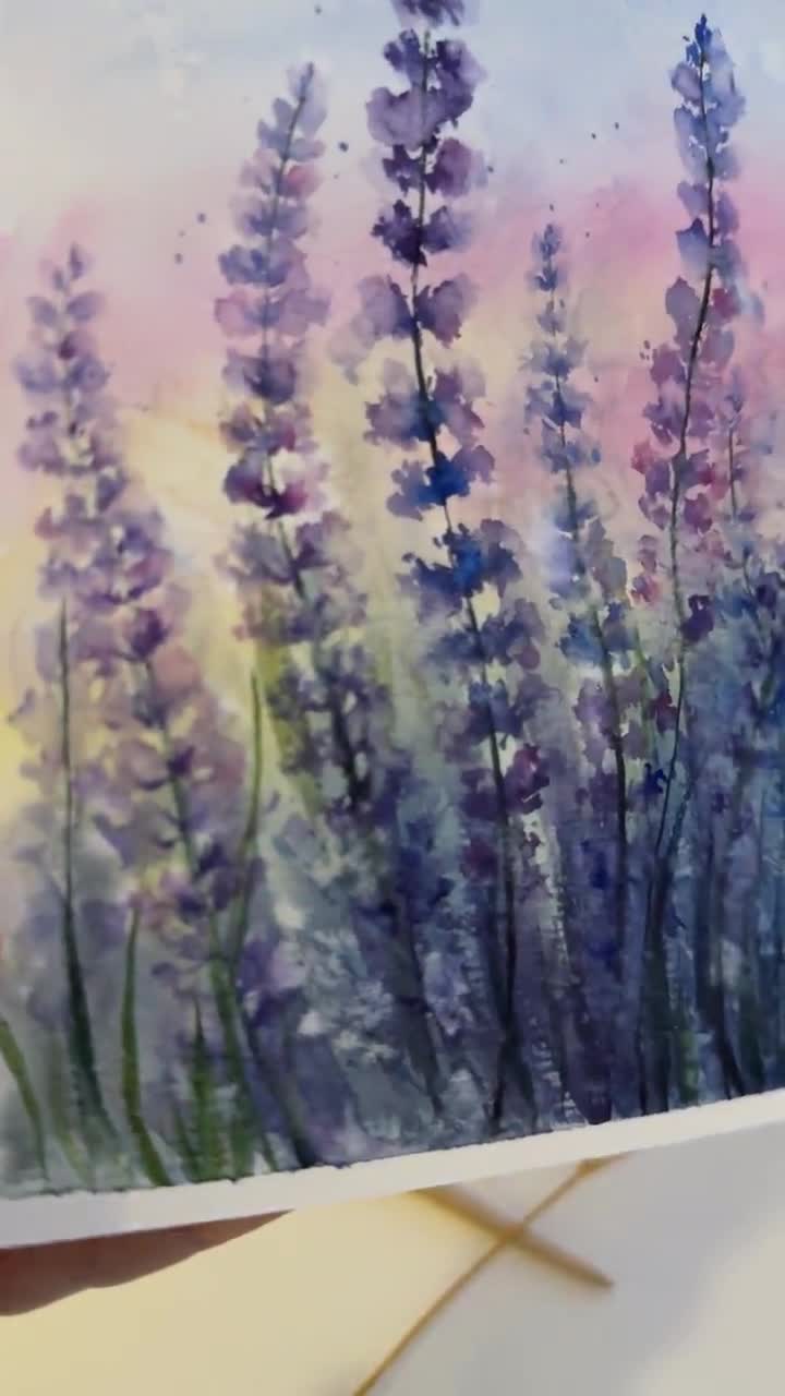 ラベンダー畑の水彩画：プロヴァンスの風景画（6x8） - Etsy 日本
