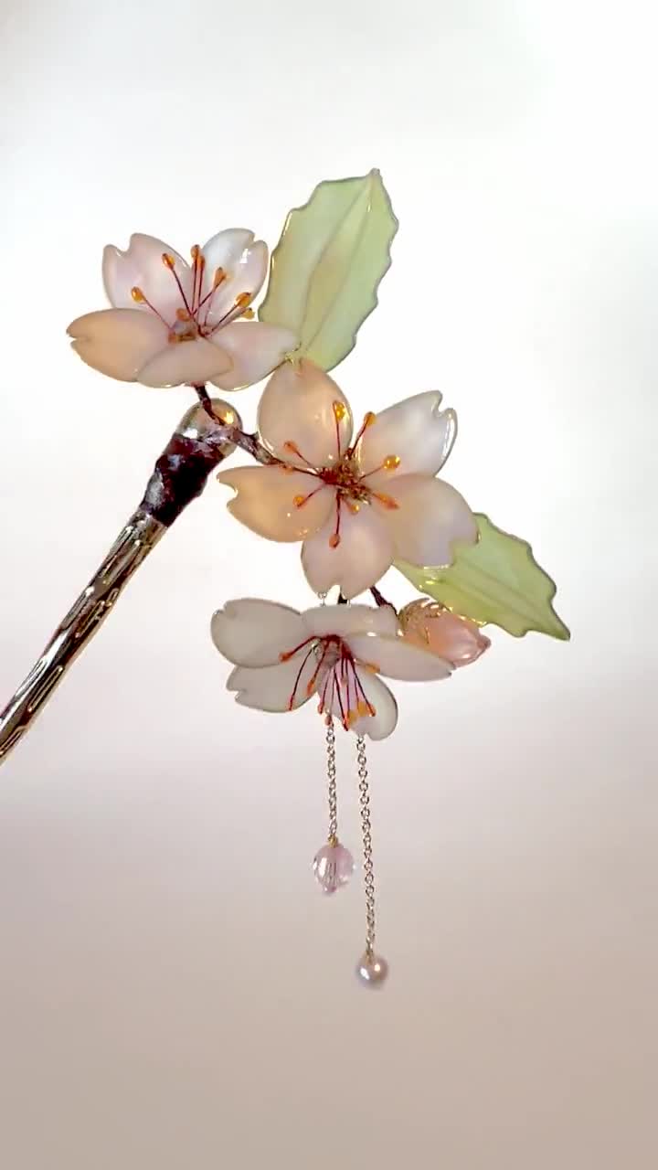 Dangle Hair Stick Translucent Sakura Flowers Dangle Resin Japanese