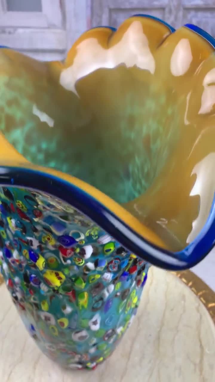 Unique Blue Vase Murano Style Glass - Handcrafted Flower Pot