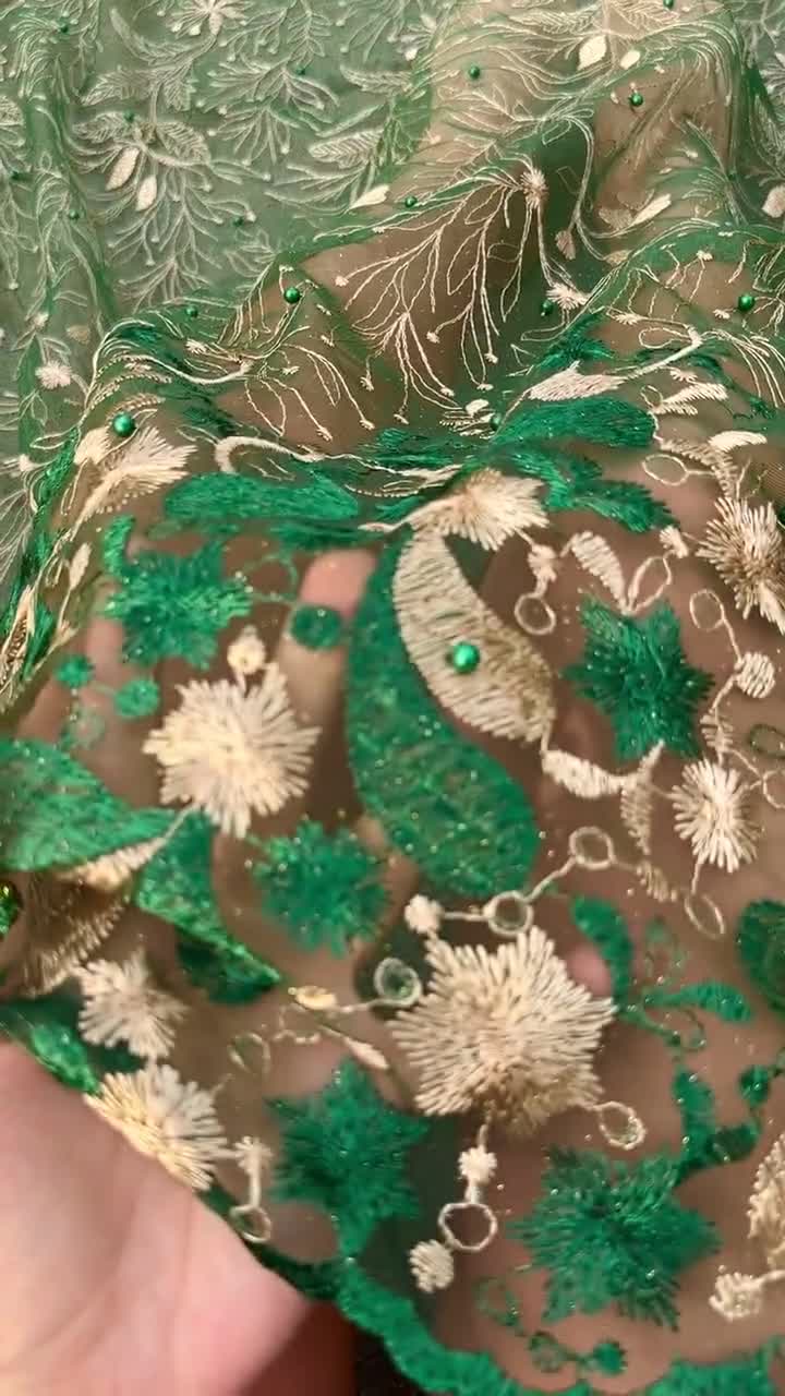 Emerald Green/gold Lace Fabric by Yard, Emerald Glitter Lace for Gown,  Bridal Lace Fabric, African Scalloped Lace, Floral Lace Gold 