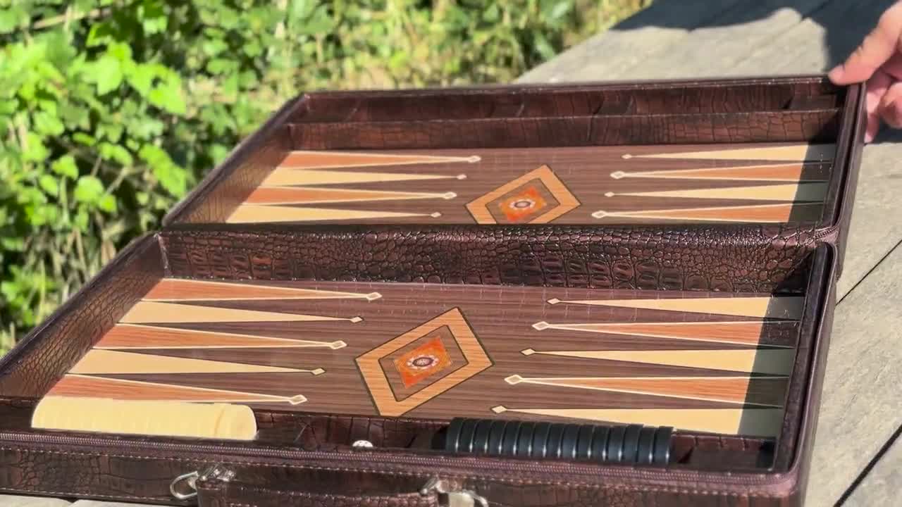 Backgammon Game Board: Personalized Faux Leather, Wooden Checkers (Zipper Case) video poster