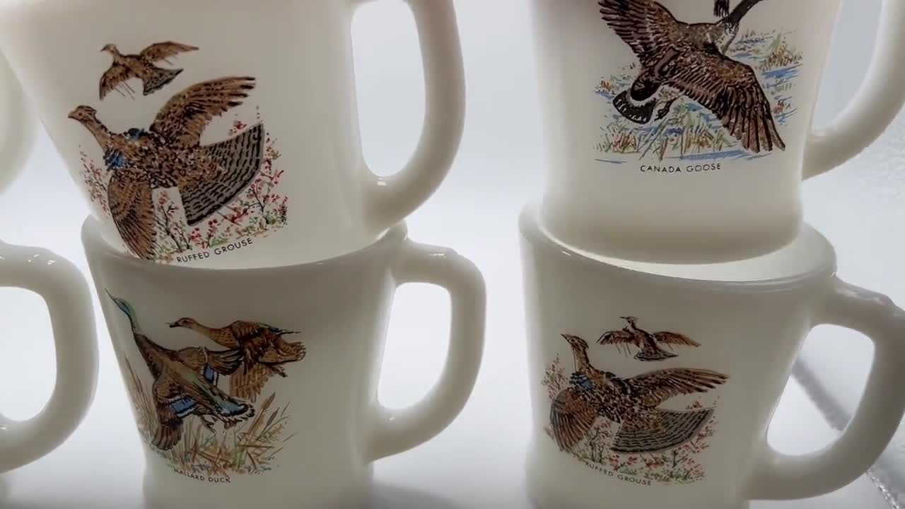 Vintage Fire King “game Birds” Coffee Mugs With D- Handles