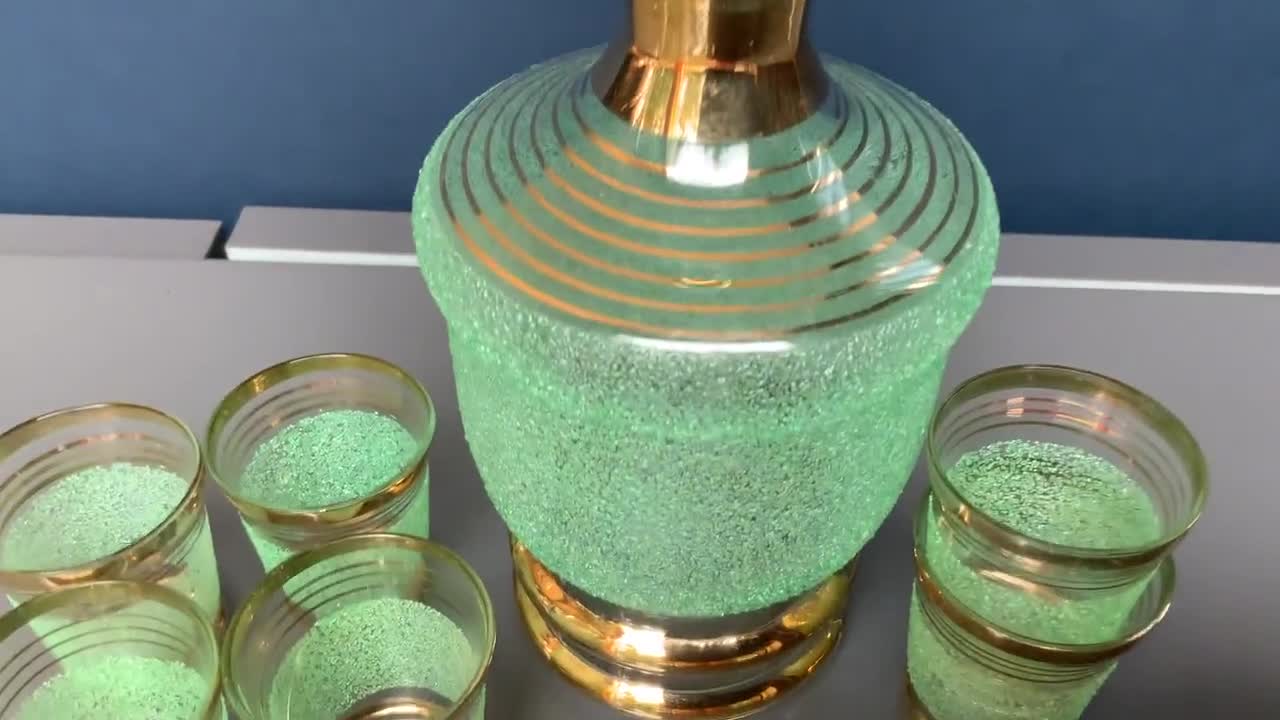 Vintage Green Glass Decanter Set: Gold Trimmed Shot Glasses, USSR