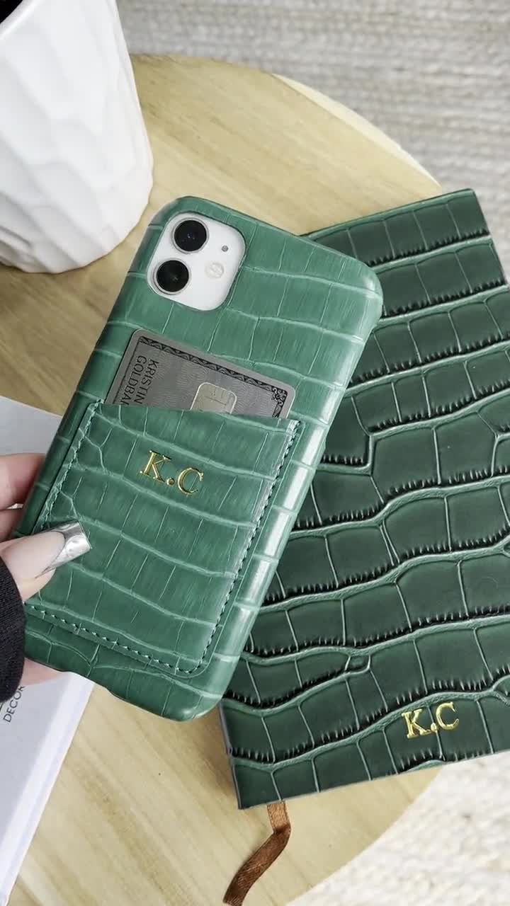 Monogrammed Croc Leather Phone Case With Card Holder Custom 