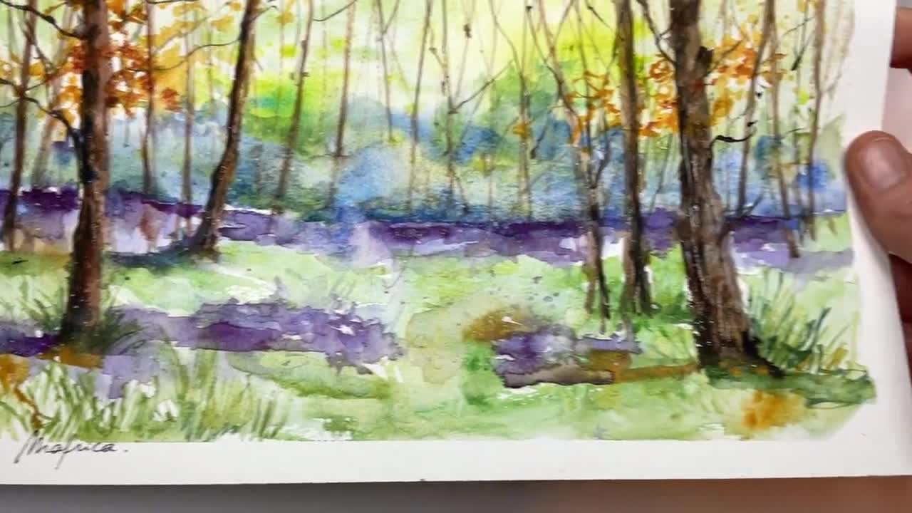 春の森のオリジナル水彩画、柔らかい緑の葉を持つスミレと木々の絵画