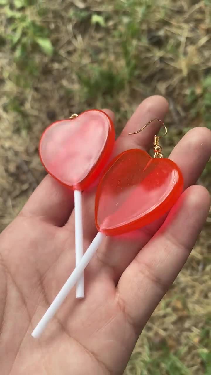 BIG HEART LOLLIPOP Earrings big heart drop earrings red heart lollipop earrings valentines day earrings heart dangle earrings big heart