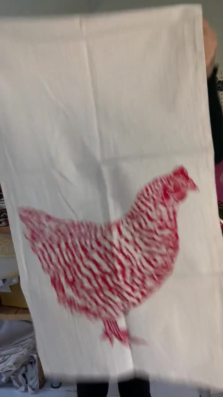Tea Towel Chicken Organic Cotton Hen Flour Sack Towel Screen Printed Red Organic  Kitchen Towels 