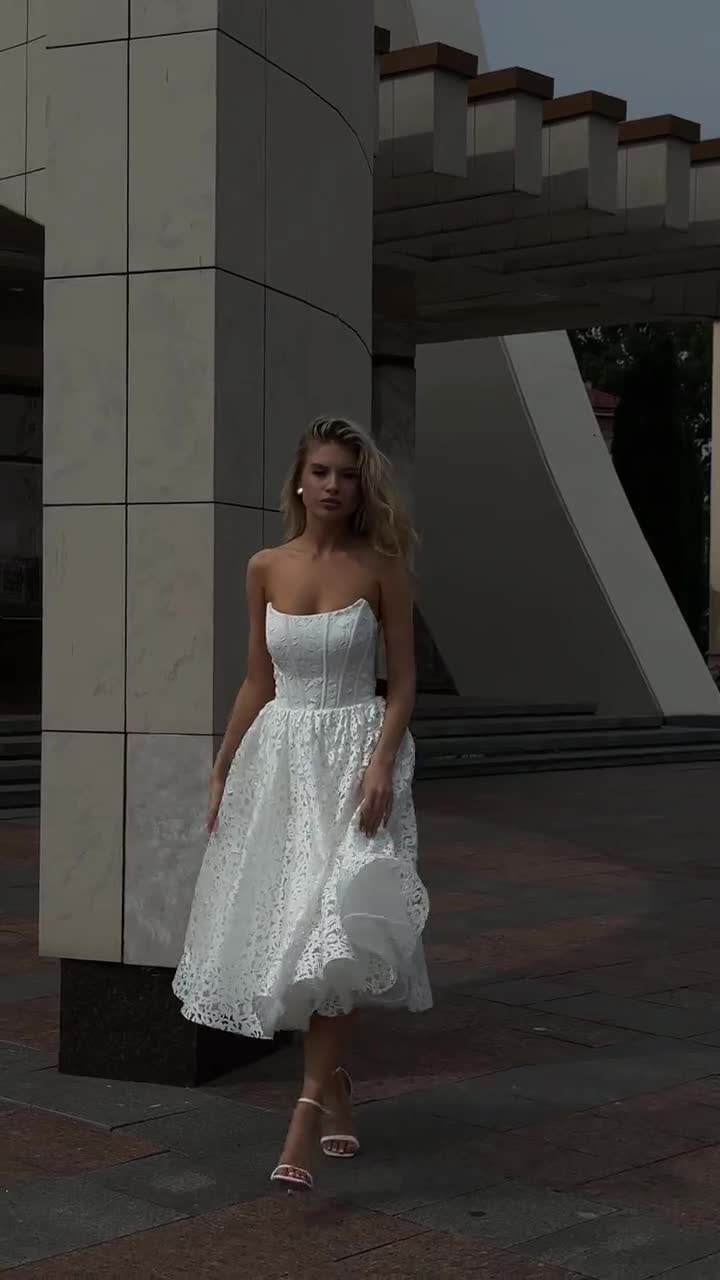 Wedding Dress, Handmade Bridal Gowns, Tea-Lenght, Midi Length Dress,  Reception Dress, Old Money Style, A-line Silhouette, Off Shoulder, New