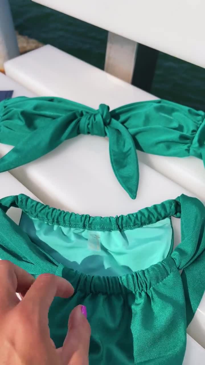 Green Bandeau Top and Ruched Bikini Bottom With Thick Straps, Sexy