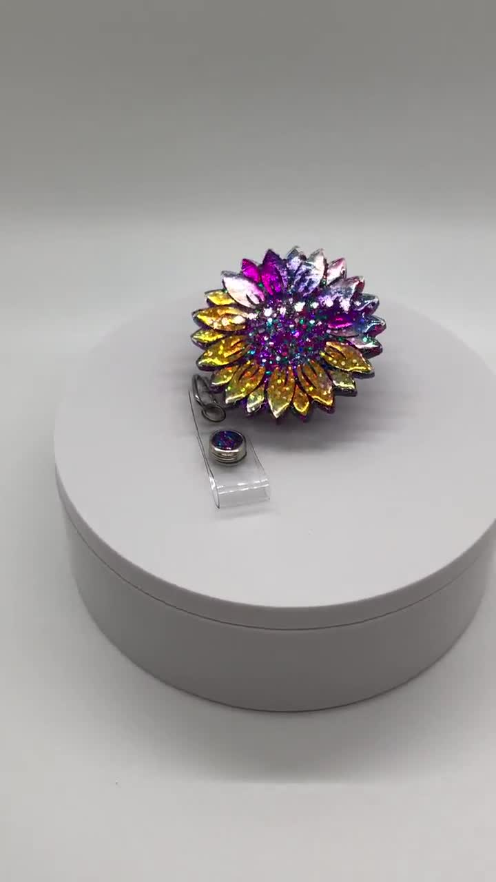 Sunflower, Purple & Gold Holographic Sunflower, Retractable Badge
