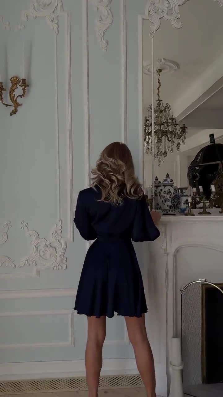 navy wrap mini dress Navy Silk Wrap Mini Dress: Bracelet Sleeves, Party Outfit