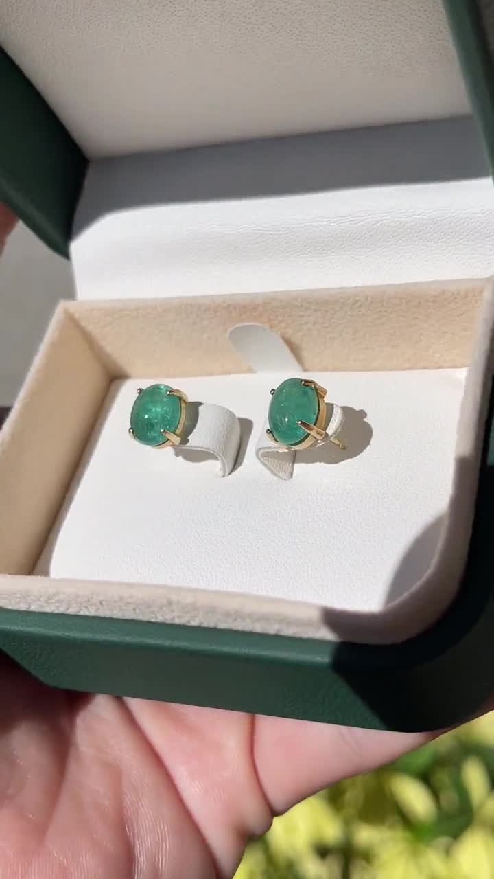◆uluru◆ オーバルカット エメラルドスタッドピアス 未使用 4.34tcw 14K オーバルカット カボション エメラルド ソリティア
