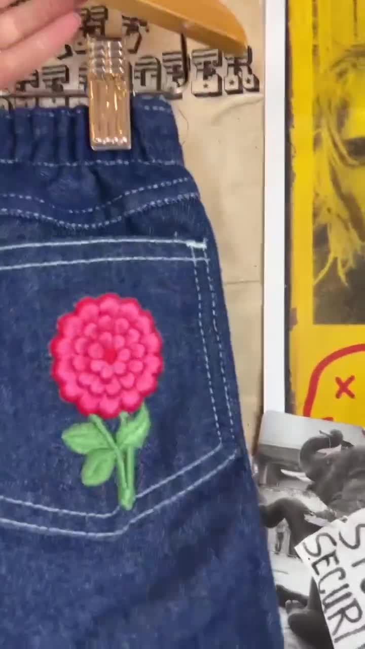 ヴィンテージ 幼児 女の子 子供用 70年代 ダークブルー デニム 刺繍