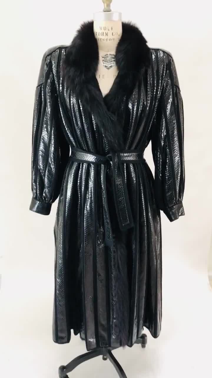 Store Vintage 80s 90s Black Leather Snake Alligator Skin Faux Fur Trim Trench Coat M