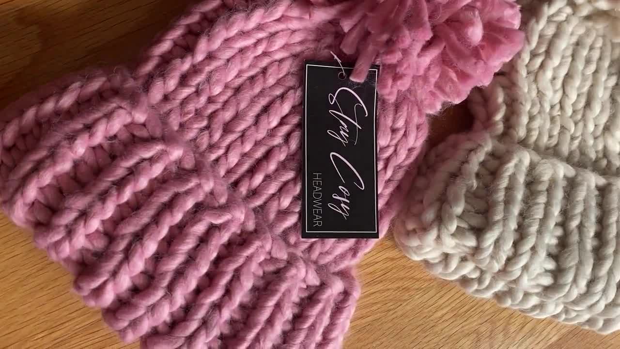 Oversized chunky knit beanie. Bobble Hat Unisex Pink Navy Cream Hat Winter  Essential Cute Fashion Gifts Warm Cosy chunky yarn luxury pom pom