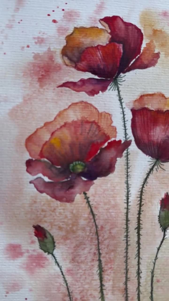 カリフォルニアポピーの絵画：オリジナルの花の水彩画（6 x 8インチ