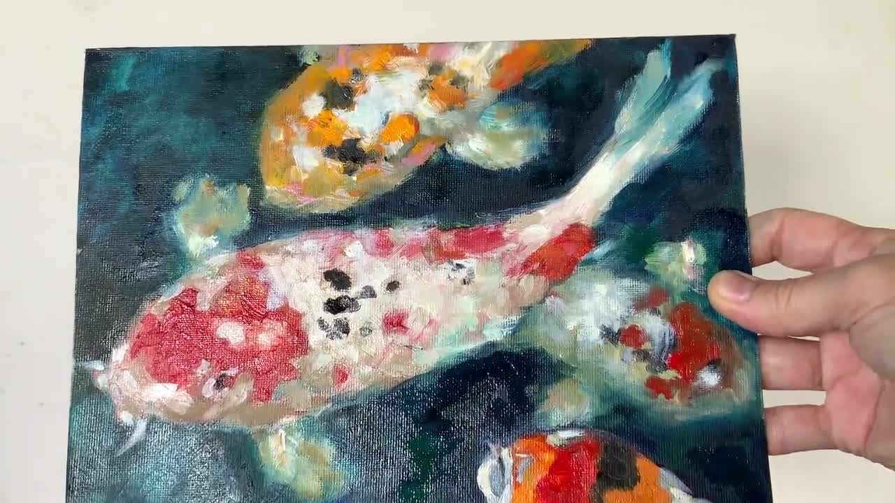 Fish Tank original acrylic painting on canvas newest or print, aquarium, blue green, underwater scene, customizable, school of koi or goldfish