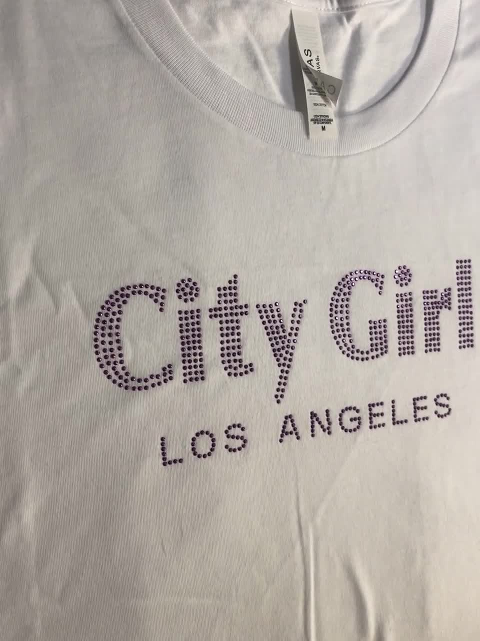 Los Angeles City Girl Women's Fitted White T-shirt With Swarovski Metal  Rhinestones California Pride 