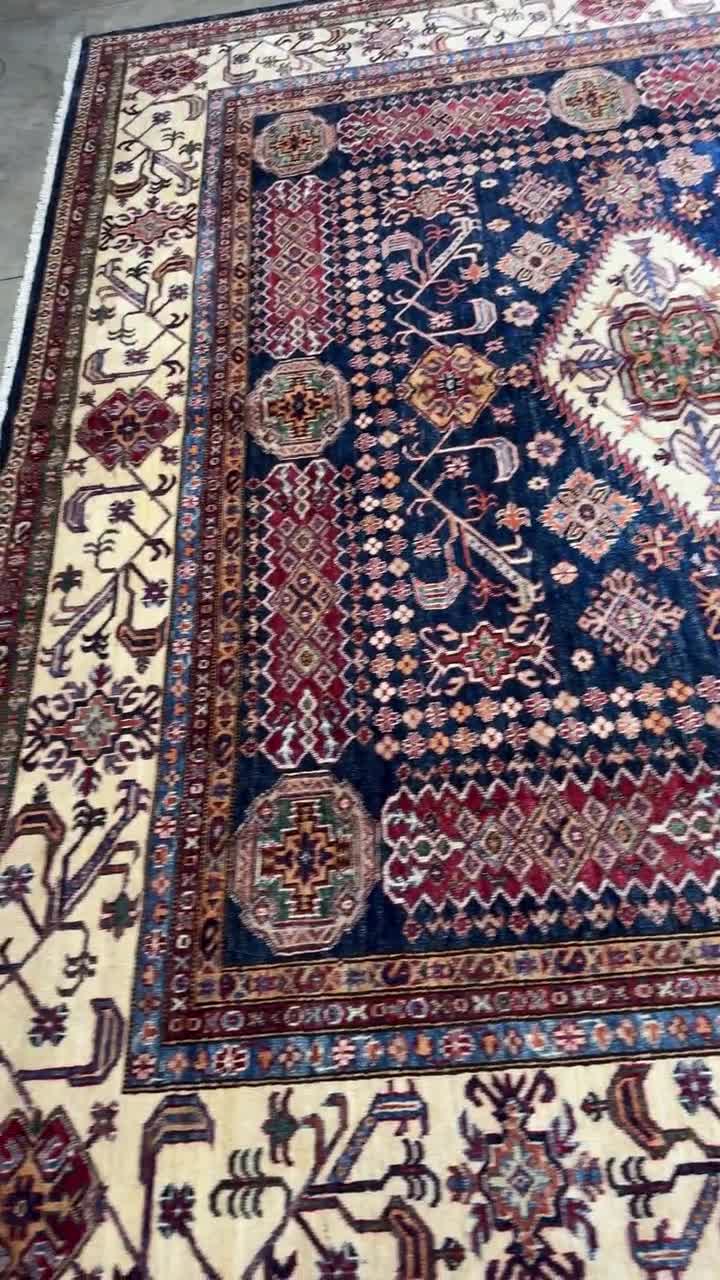 10x13 Hand Knotted Wool Kazak Rug – Royal Blue Geometric Afghan Rug video poster