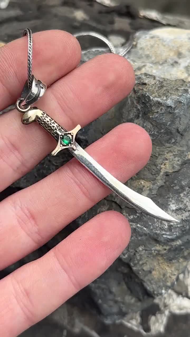 Men Silver Sword Necklace , Green Emerald Stone Sword Necklace