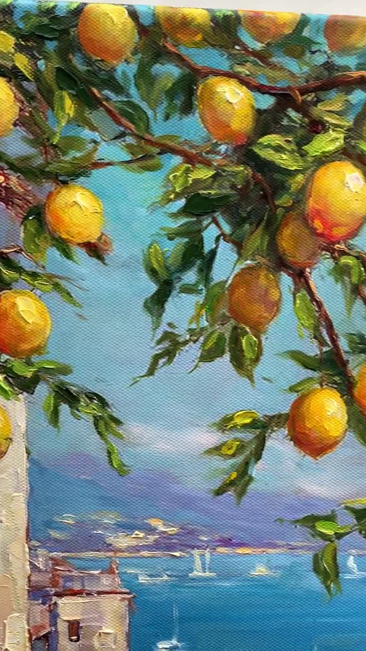 アマルフィ海岸のレモンの木の油絵：イタリアの海景壁画 - Etsy 日本