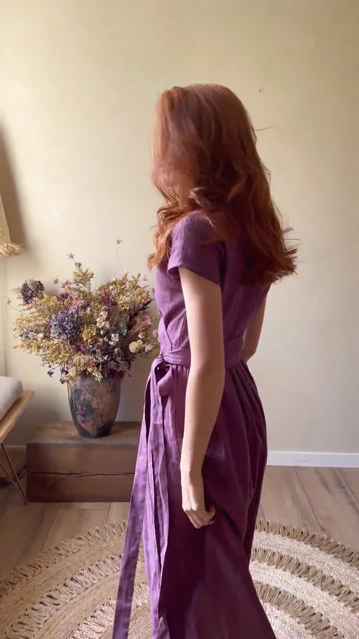 Amethyst Wrap Linen Dress, Bohemian Fit and Flare Dress, Midi Length,  Pockets