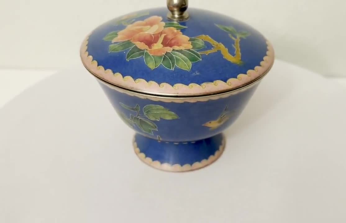 ヴィンテージ 七宝焼き エナメル シルバー メタル 小型 4 インチ 脚