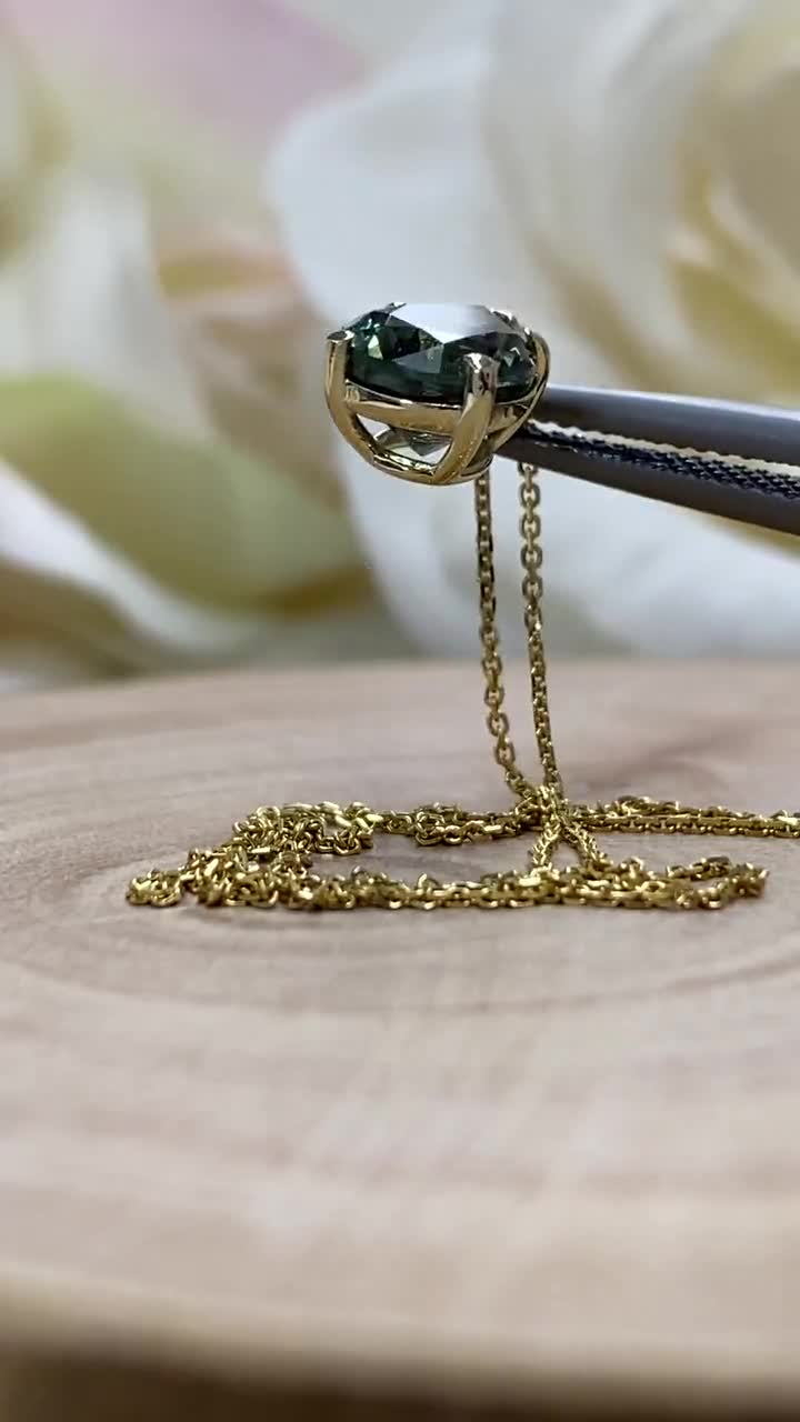 Pear Shaped Olive Green Sapphire Pendant Necklace 14k Yellow Gold