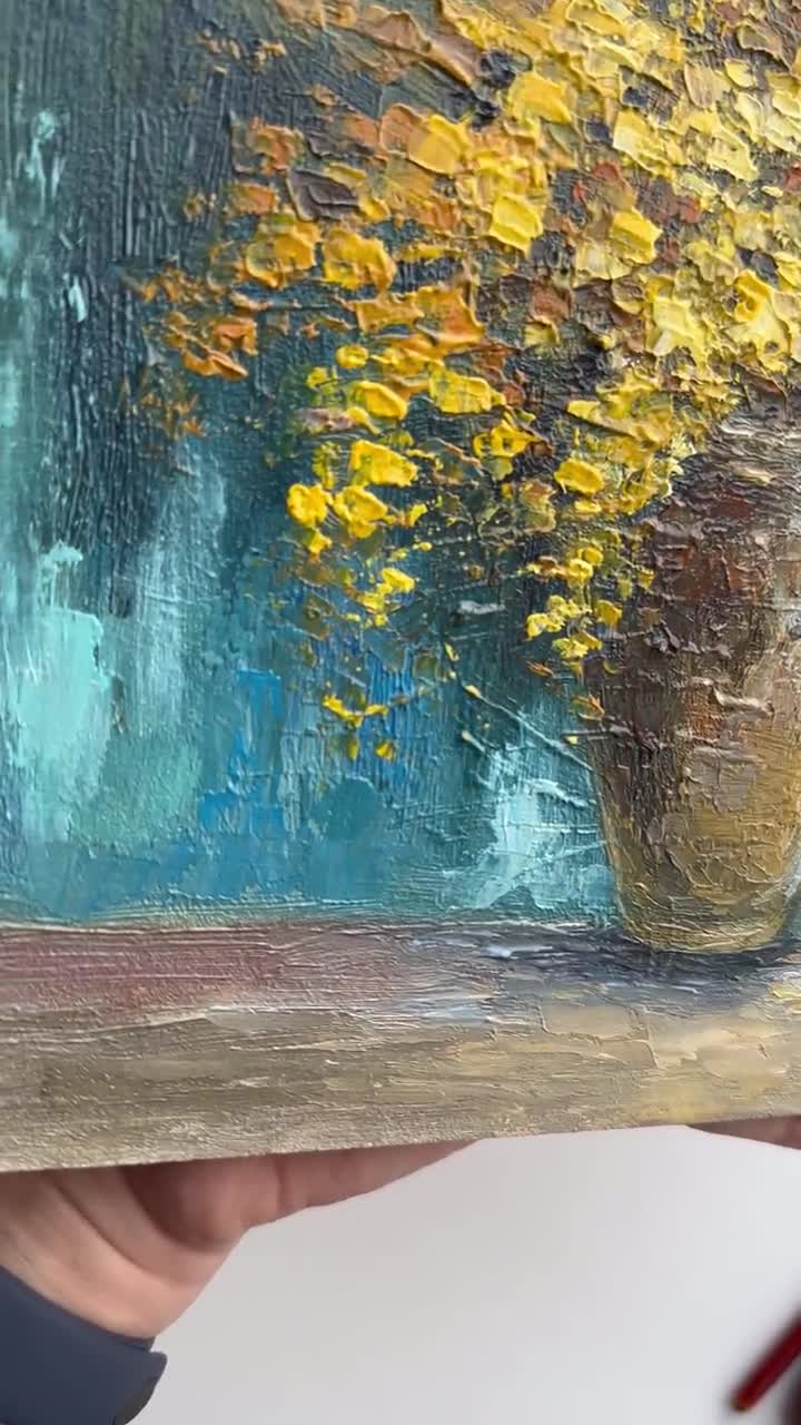 ミモザの絵画 花のオリジナルアート ミモザのインパスト絵画 花
