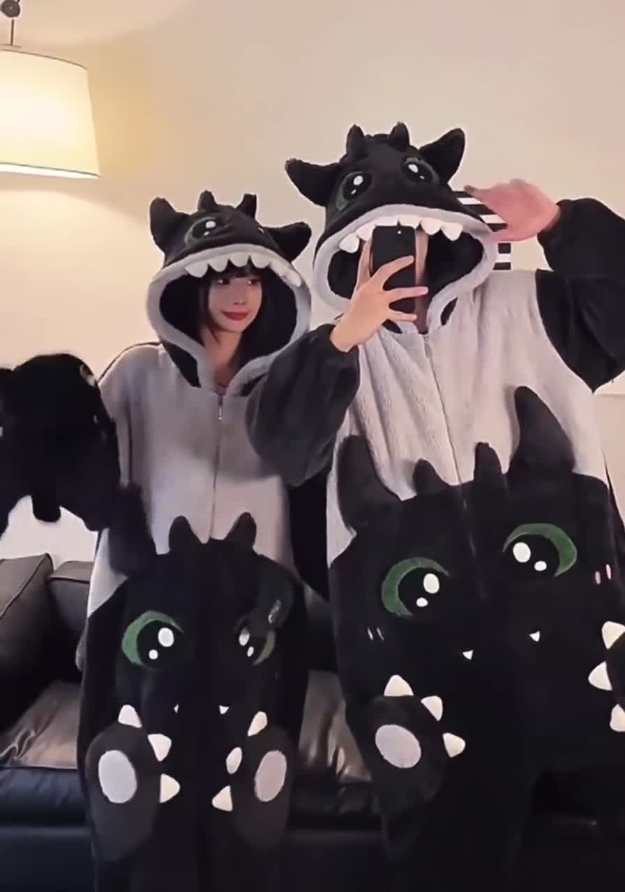 Kigurumi Mask Cosplay Dragon Pajama Set - Soft Fleece Overalls