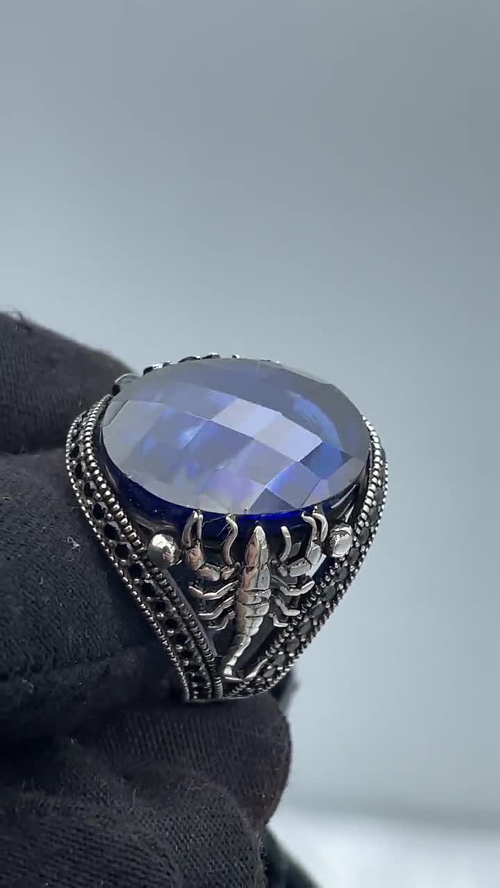 Blue Zircon Stone Mens Ring, Scorpion Figured Ring, Turkish