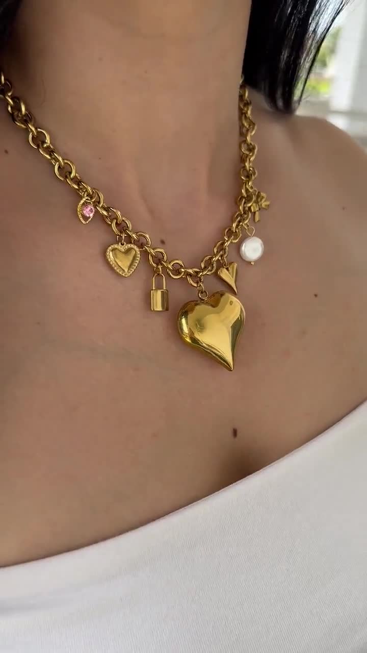 Chunky Charm Necklace, Big Heart Bow Charm Necklace, Gold