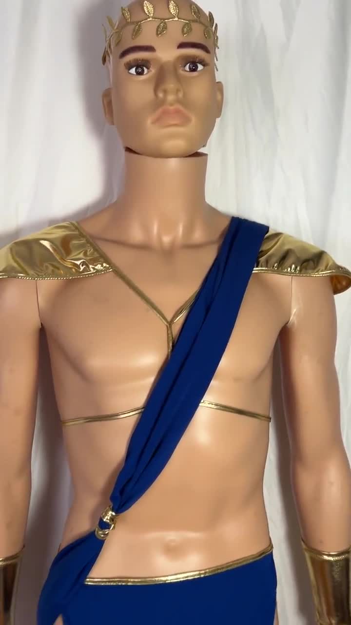 Men’s Ancient Greek God Toga. Open Breast Gold Loin Cloth shoulder Drape  Gauntlets Harness Halloween Costume