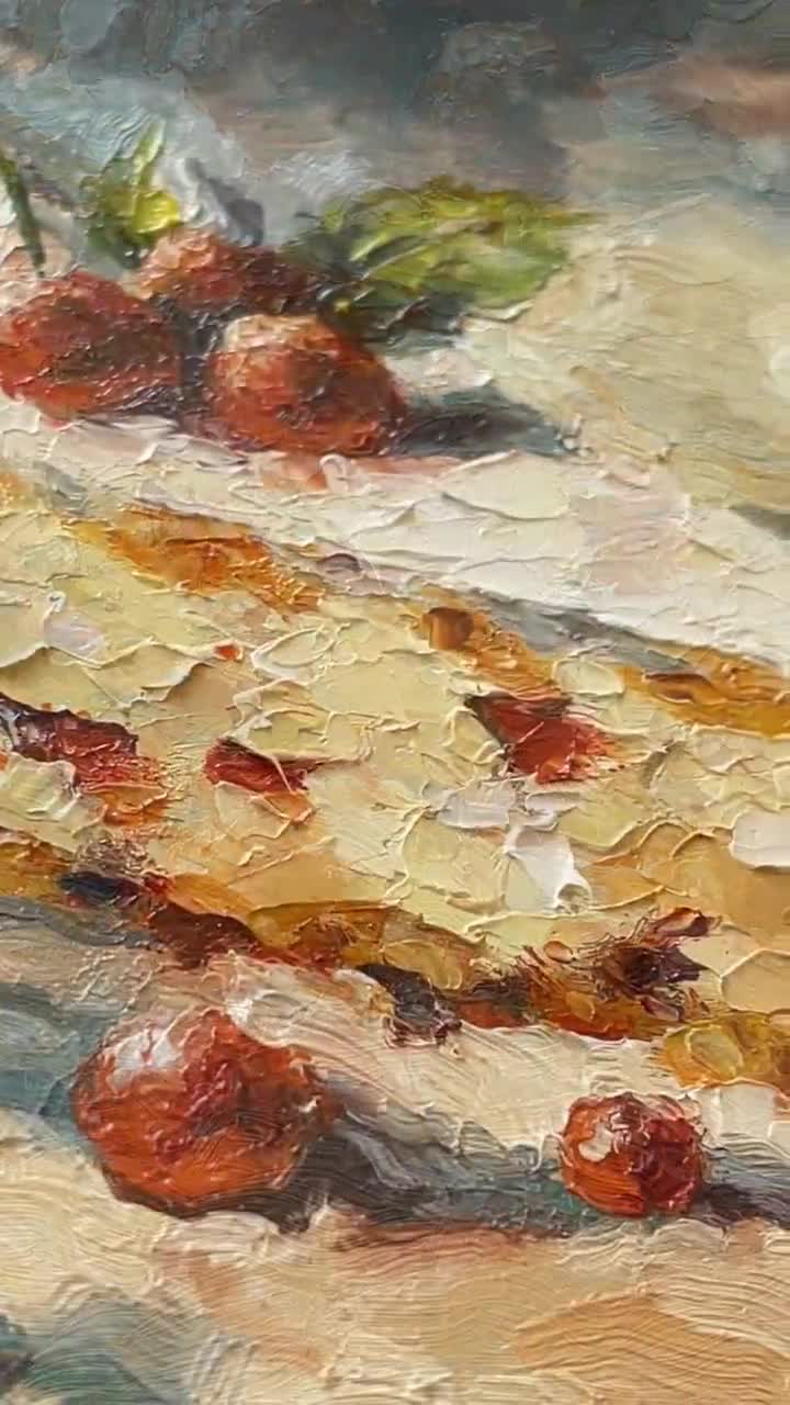 Cherry Cake Oil Painting Kitchen Wall Art Cheesecake Impasto