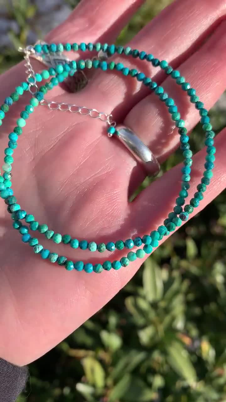 Faceted Chrysocolla and Sterling Silver Beaded Necklace. Tiny 2mm beads