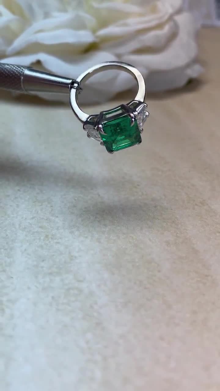 Emerald Cut Emerald Engagement Ring with Trapezoid 14K Solid White Gold,  Emerald Three Stone Ladies Ring, Unique Emerald Wedding Ring #7080