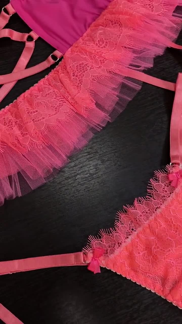 Pink Bright Lingerie, Pink Lace Lingerie, Sexy Lingerie, Cheeky