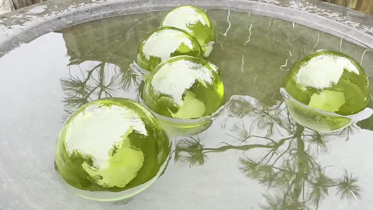 Green Glass Floats, Set of 3 Hand Blown Garden Art Balls, 4