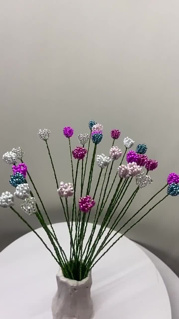 Pink Glass Flowers With Stems Wire Flower Decoration Beaded