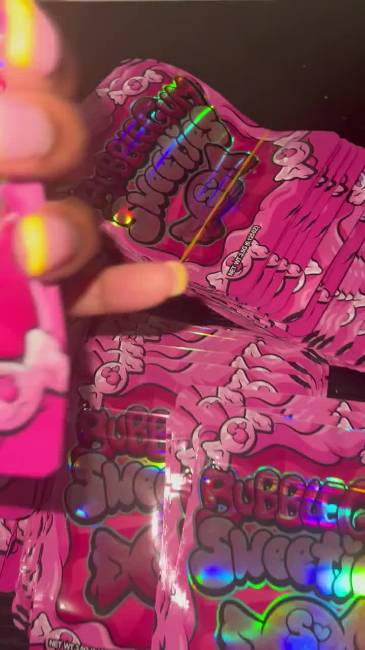 Sacchetti in Mylar Bubblegum Sweeties da 3,5 g / Sacchetti olografici richiudibili antiodore / Confezioni vuote per prodotti commestibili, fiori, caramelle - Confezione da 25/50/100 video poster