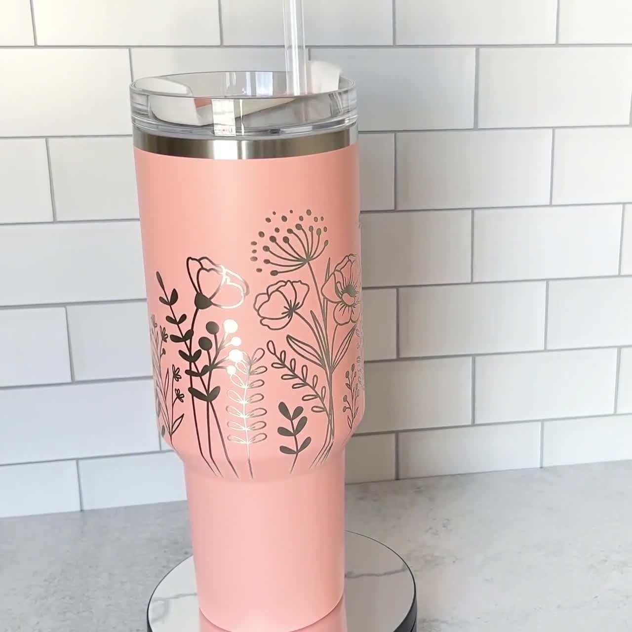 Peach Stanley Cup, Limited Edition 40oz Tumbler With Handle,laser Engraved  Floral Lace Full Wrap Design, Gift for Her, Birthday Gift 