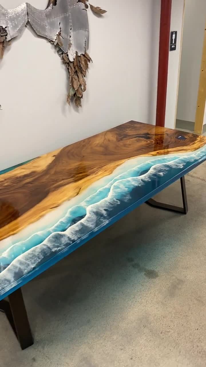 Custom Walnut Blue Epoxy Table Ocean Wave Dining Table KCT01