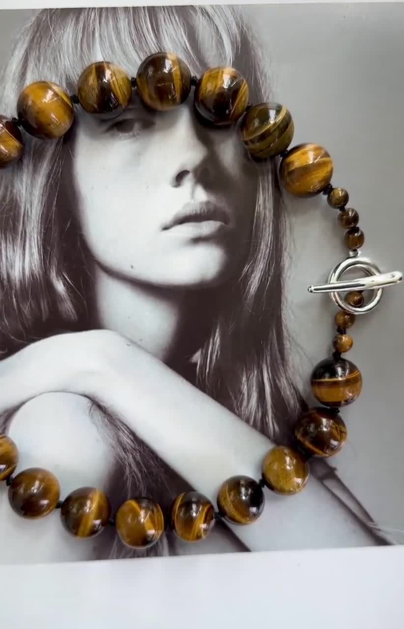 16 mmの大胆なタイガーアイネックレス、天然イエロータイガーアイ