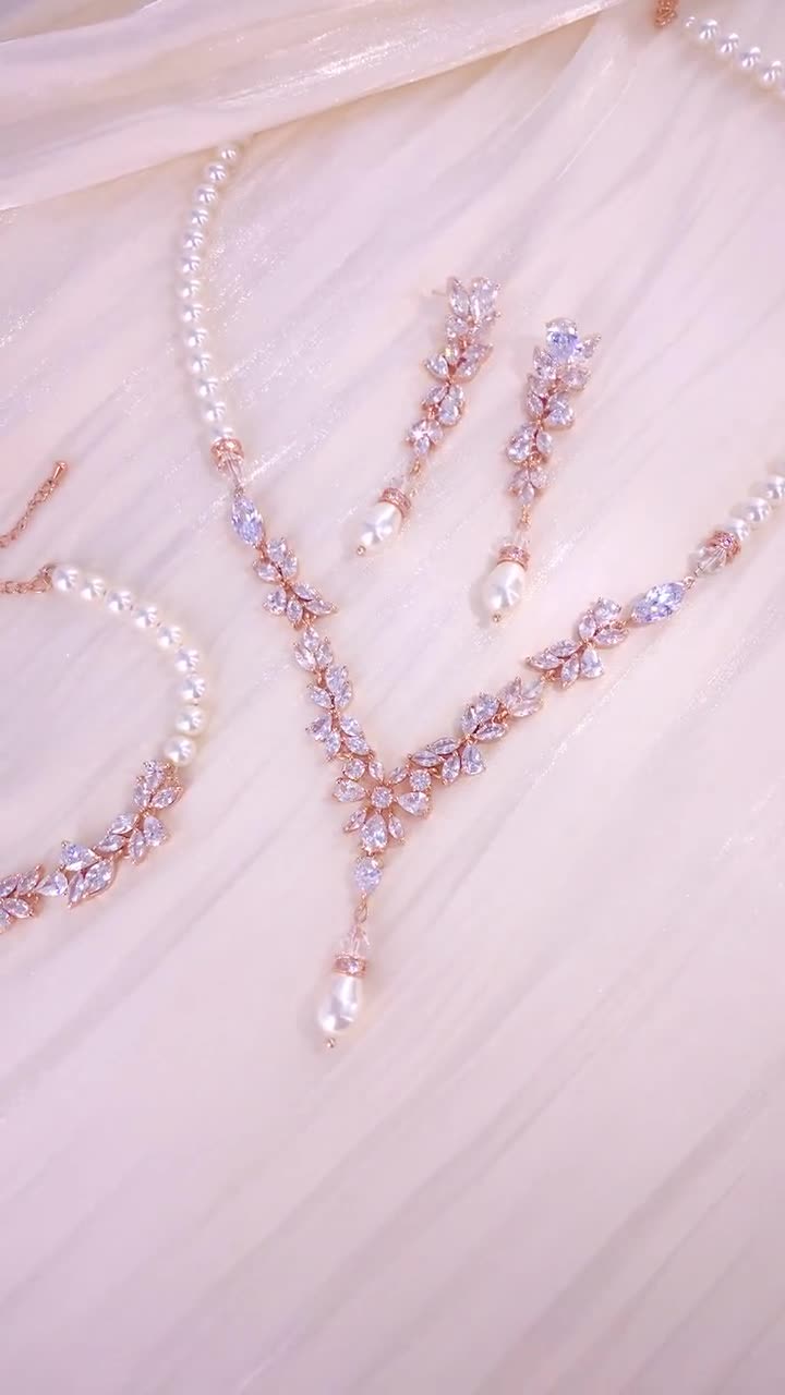 jewelry for rose gold dress Rose Gold Bridal Jewelry: Zirconia Necklace, Swarovski Pearl Earrings,  Bracelet, Backdrop, Cream, White, Adi