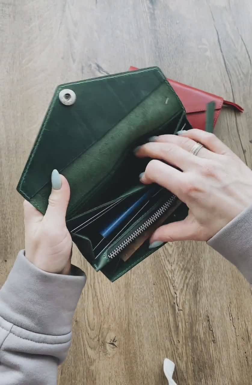 Green Leather Wallet, Handmade Leather Pocketbook, Green