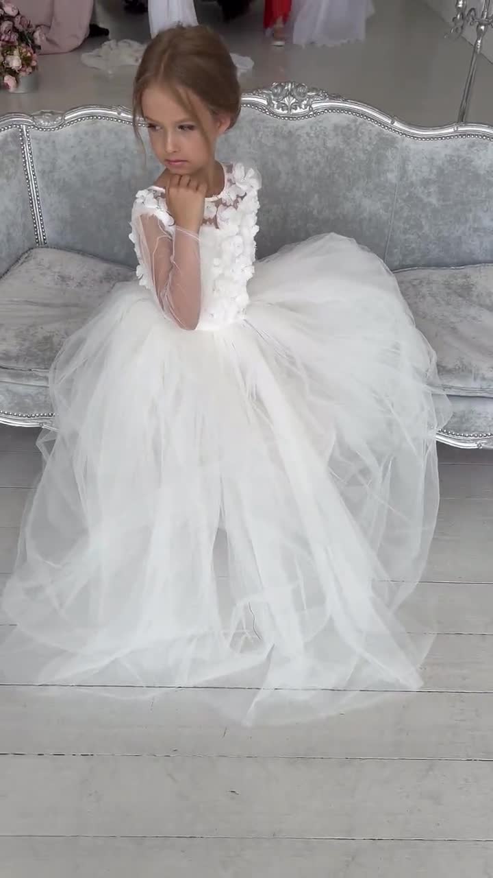 Odizli Abito da bambina con maniche a 3/4 in pizzo, abito da principessa, per matrimonio, damigella d'onore, prima comunione, compleanno, festa, abito da sera lungo, Blu, 7-8 Anni